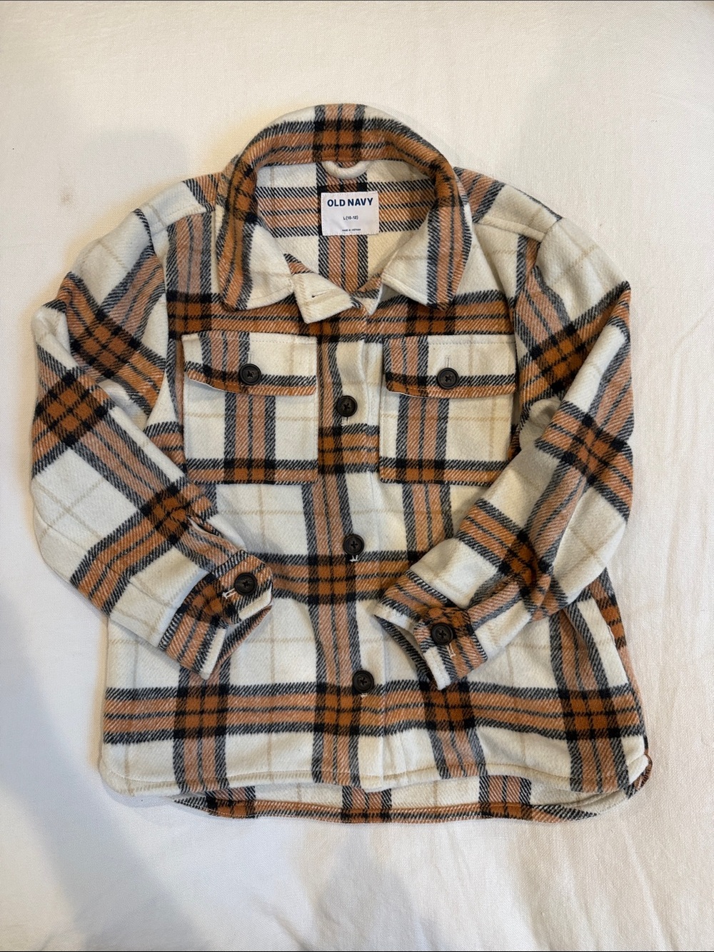 Old Navy Cream and Brown Plaid Button-Front Kids Shirt Jacket